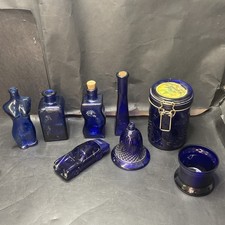 X8 Vintage Cobalt Blue Glass Bottles, Jar & Cup Bulk Bundle Job Lot