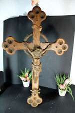 Antique XL crucifix wood carved religious rare 