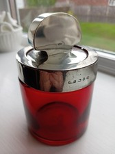 Solid silver lid and 16 gramme collar 1892 B'ham ruby glass smelling salts jar.