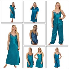 Ladies Sexy Teal Blue Long Satin Chemise PJs Pyjamas Set Nightdress PLUS SIZE