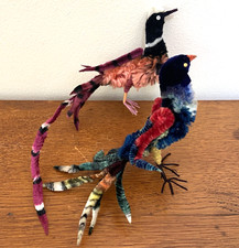 2 Vintage Christmas 1940s Japan, Chenille Pipe Cleaner Tropical Birds 5" + 7"