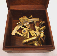 Vintage Nautical Marine Time Brass Pocket Sextant in Wooden Storage Box