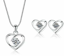 925 Sterling Silver Crystal Heart Swirl Pendant Chain Necklace Stud Earrings UK