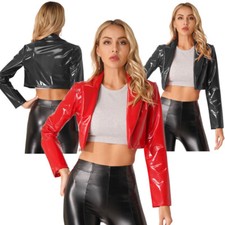 Women Coat Dance Outerwear Patent Leather Jacket PVC Lapel Party Classic Club