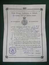 1933 Orange Lodge Certificate, Sandy Row, Belfast, LOL 1298, Bro Thomas Taylor. 