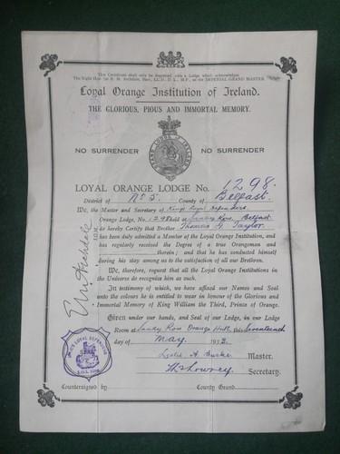 1933 orange lodge certificate - 1933,