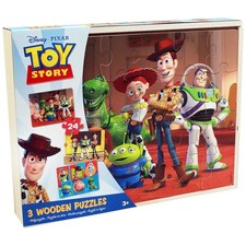 Disney Toy Story 24 Piece Wooden Puzzles 3 Pack with Storage Tray Kid's Gift
