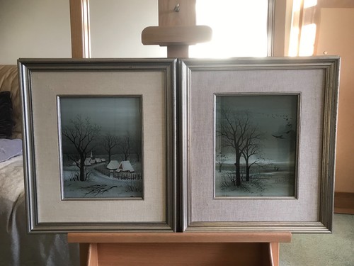 Pair reverse paintings on - of,
