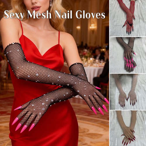 Mesh rhinestones gloves - gloves, sexy