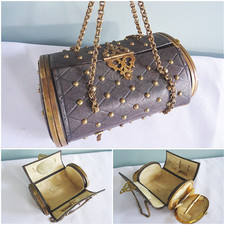 Antique Sewing Bag Etui Brown Leather Brass Studded Tools Needlework Victorian