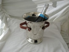 LARGE SILVER PLATED CHAMPAGNE BUCKET ICE BUCKET LEATHER HANDLES