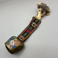 Vintage Swiss Cow Bell  with Colorful Strap & Cow's Head 19cm long