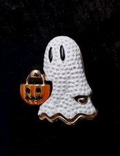 Ghost & Pumpkin Bucket Trick Or Treat Brooch Halloween Vintage Inspired
