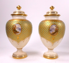COALPORT PAIR OF GOLD JEWELED VASES HAND PAINTED SCOTTISH LOCHS c.1890 - RARE