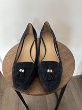 M&S Footglove Wider Fit Ladies Navy Suede Low Wedge Shoes Tassels Slip On Size 6