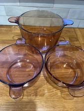 3 X Vintage French Corning Vision 3L & 2 X 2L Amber Glass Casserole Stock Pots