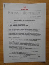 HONDA REBADGING orig 1999 UK Mkt Press Release - Brochure Civic Accord VTEC