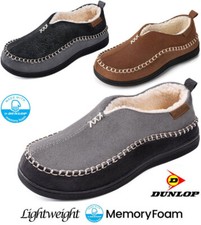 MENS DUNLOP MEMORY FOAM SLIPPERS WINTER WARM FUR COSY INDOOR SLIP ON SHOES SIZE