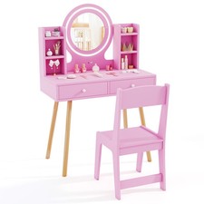 COSTWAY Kids Vanity Set  Princess Vanity Desk Set w/ LED Lighted Mirror-Pink