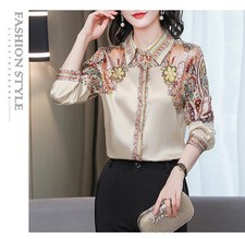 Business Formal Shiny Elegant Lady Floral Satin Shirt Blouse Top Long Sleeve