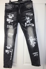 Leeyo Mens Black Distressed Ripped Slim fit Jeans W34 L28.5 Punk Rock VGC