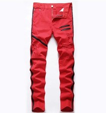 Men's Cotton Denim Red Pants Straight Leg Stretch Ripped Zipper Punk Trousers