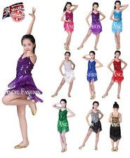 UK Kids Girl performance Sparkling Sequins Tassel Salsa Tango Latin Dance Dress