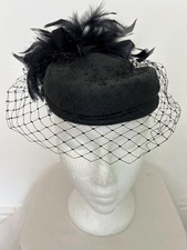 Vintage 1980's Bermona Trend pillbox hat black steampunk tilt birdcage veil #VA