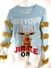 Ugly Christmas Sweater Blue Reindeer Get Your Jingle On Festive Holiday Party -S