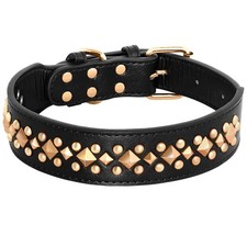 Soft Leather Pet Dog Collar Gold Rivet Studded Adjustable for Medium Large Dogs