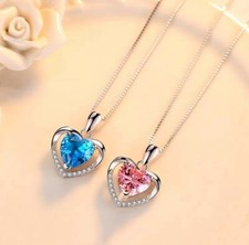 Heart Crystal Pendant 925 Sterling Silver Chain Necklace Womens Jewellery Gifts