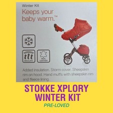STOKKE RUBY RED WINTER KIT, FUR TRIMMED HOOD & MITTENS, ALL CONTENTS IN BOX,