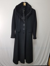 Laura Ashley Black Wool Blend Long Coat with Removable Faux Fur Collar Size 10 