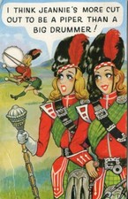 Highland pipes drums busty lady comic postcard posted 1970 Louth