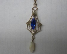 Antique Edwardian 10k Yellow Gold Sapphire Pearl Lavalier Spider Web Pendant