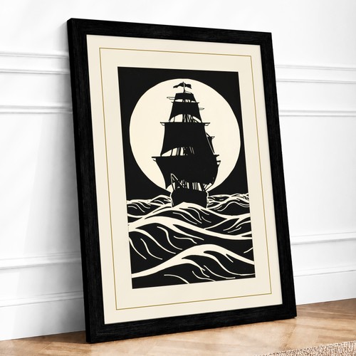 Ship under moonlight - under, vintage