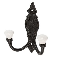 Ornate Double White Ceramic Coat Hook Cast Iron Vintage W100mm x H115mm Black