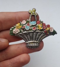 Vintage Enamel Czech Brooch Basket of Flowers Silver Toned 1940s