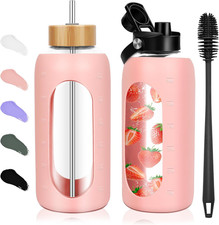 Glass Water Bottles 64 Oz - Half Gallon Large Motivational Daily Water Intake Bo