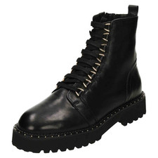 Black Leather Boots Military Combat Lace Up Gothic Zip Studded Ankle Flat Shoes