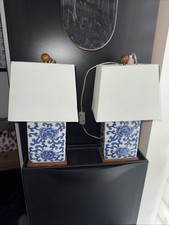 Ralph Lauren Pair of 2 Ceramic Table Lamps with Lamp Shades Blue White