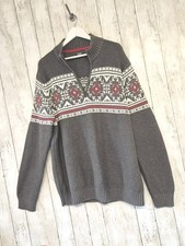 IZOD Men's Size XXL 50" Grey Red Nordic Aztec Chunky Waffle Knit Jumper 1/4 Zip 
