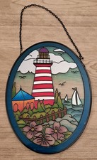 Stained Glass Light House Oval Shape With Chain 9" Sun Catcher Wall Hanging