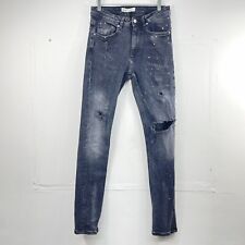 Zara Mens Black Ripped Jeans Size W30” Dark Grey Paint Splatter Skinny Denim