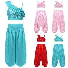UK Girls Belly Dance Performance Sequins Ruffle Crop Tops Satin Bloomers Pants 