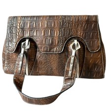Charlotte Reid Brown Faux Croc Shoulder Bag with Silver Hardware
