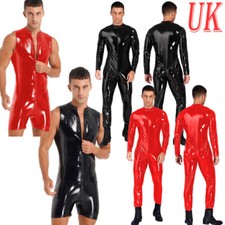 UK Men's Patent Leather Rompers Front Zipper Bodycon Shorts Jumpsuit Clubwear
