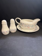 Wedgewood Angela Gravy Boat And Saucer With Salt And Pepper Sellers.