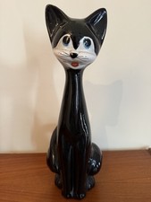 Vintage Tall Grinning Slender Black Cat Figurine Ceramic In VGC