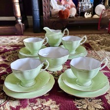 Vintage polka Dot Green Royal Albert 14 Piece Bone China Tea Set Cups Saucers